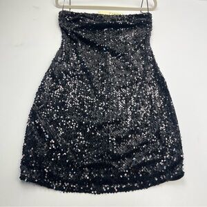 Esley Black Sequin Front Strapless Mini‎ Dress Medium Bodycon Lined Side Zip NEW